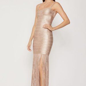 Herve Leger - Woodgrain Foil Print Fringe Gown